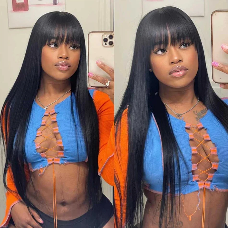Straight Wigs with Bangs Human Hair Wigs None Lace Front Wigs Brazilian Virgin Hair Glueless Machine Made Wig