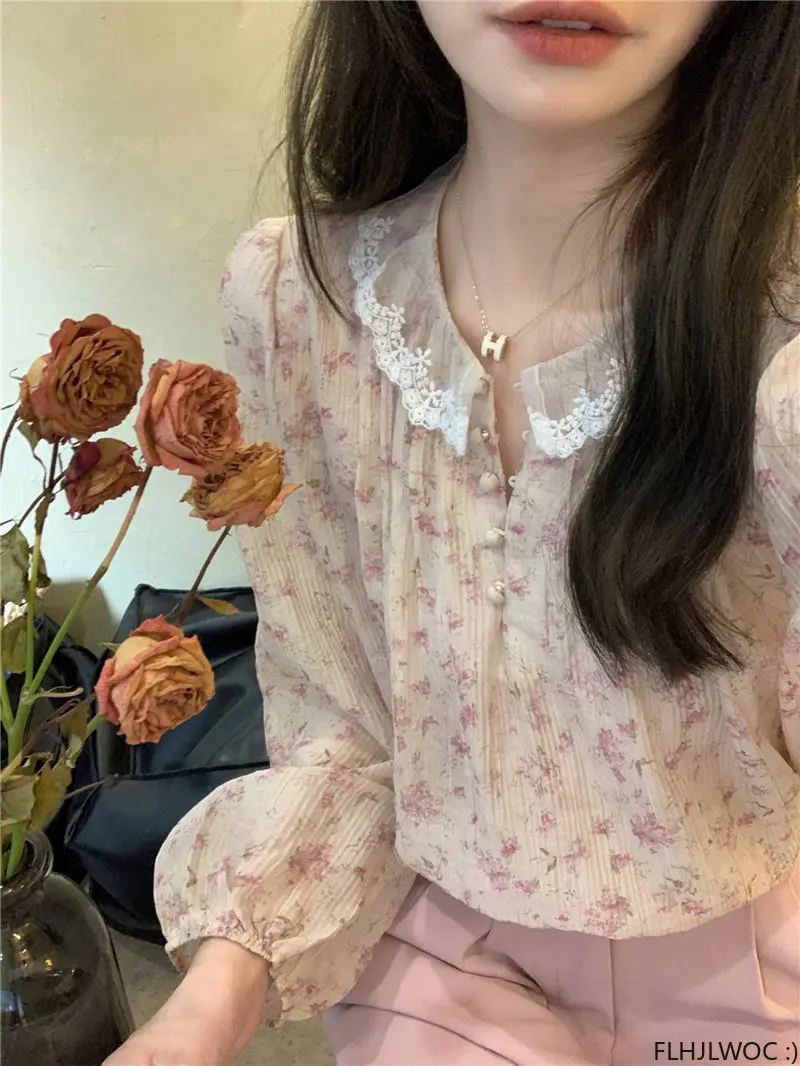 White Lace Cute Sweet Tops Blouse New 2023 Fashion Women Long Sleeve Casual Japan Style Floral Print Retro Vintage Button Shirts