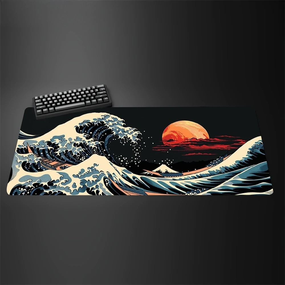 XXL 90x45cm Schwarz-Weiß Riesen-Wellen-Design Gaming-Mauspad, rutschfeste Kunstleder-Computer-Schreibtischunterlage mit Lockedge – Detail 7
