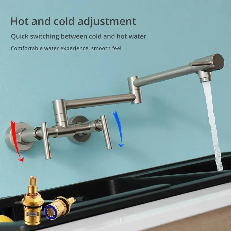 Rubinetto riempitivo per pentole Miscelatore da cucina a parete Beccuccio girevole in ottone massiccio Acqua calda e fredda con doppia maniglia