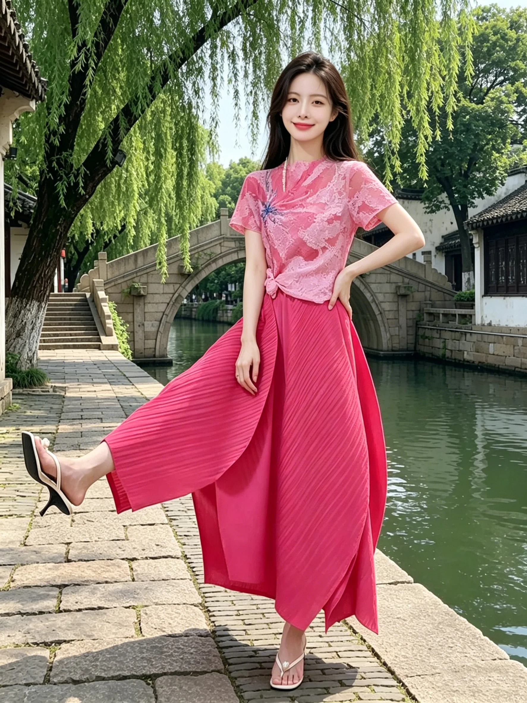 

Summer Slimming Floral Print Halter Neck Short Sleeve Printed T-Shirt And Pleated Skirt Women's Fashion Ensemble Polyester Fiber