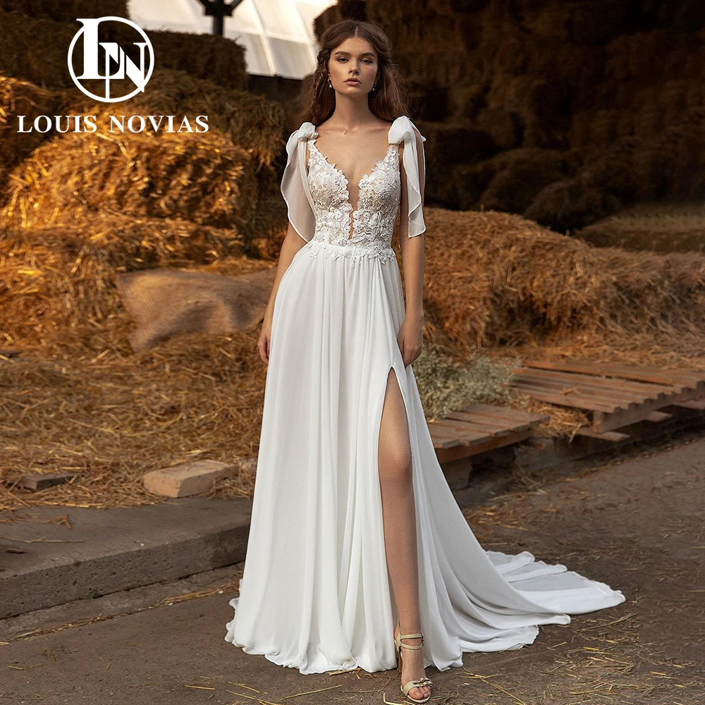 

LOUIS NOVIAS A-Line Wedding Dresses For WomenSexy BOHO Deep V-Neck Bridal Gown Spaghetti Straps Backless Zipper Vestido De Novia