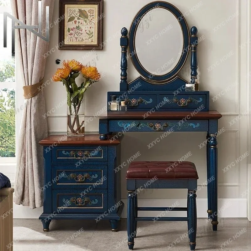 XXBeautiful   painted retro dressing table makeup mirror bedroom makeup stool set art multi-functional dressing table