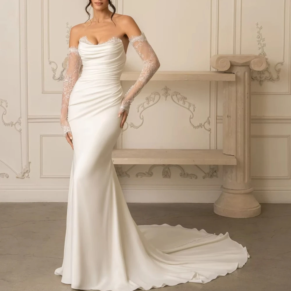Customized Off Shoulder Pleated Sleeves Chiffon Lace Evening Dresses Fishtail Satin Wedding Dress High Quality Prom Party Gowns