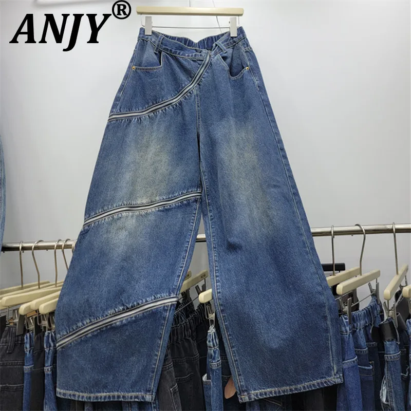 ANJY Spring Autumn New Women Vintage Niche Zippers Split Design Jeans Trendy Washed Loose Distressed Wide-leg Denim Pants A28290