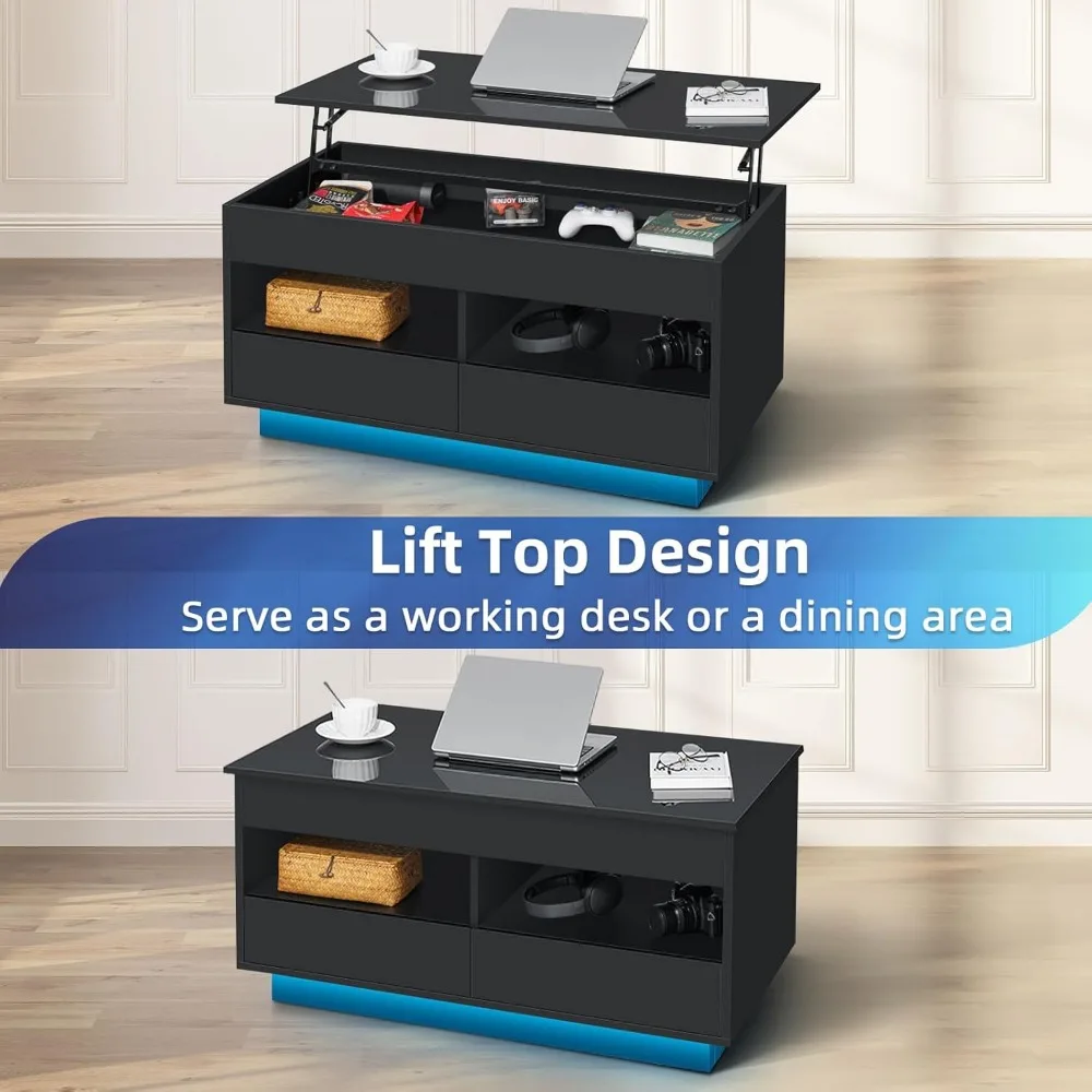 Coffee Table with LED Light Storage Black Coffee Table for Living Room  Tea Table  Compartment & 2 Open Shelve & 2 Drawers