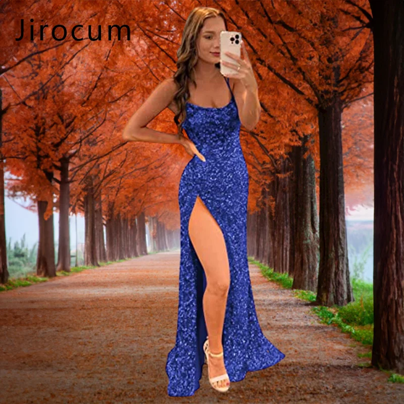 Jirocum abito da ballo a sirena con paillettes tracolla sottile abiti da sera per feste formali lucidi da donna abiti da Cocktail Sexy di natale