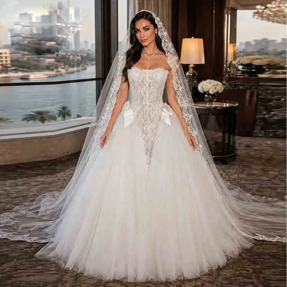Customized Strapless Wedding Dress Ball Gown 2026 Lace Corset Bridal Gown with Bow Tie Soft Layered Tulle Vestidos de Novia