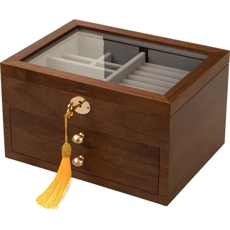 Wooden jewelry box, storage box, high-end exquisite necklace box with lock, ring  , new large-capacity gold jewelry  .