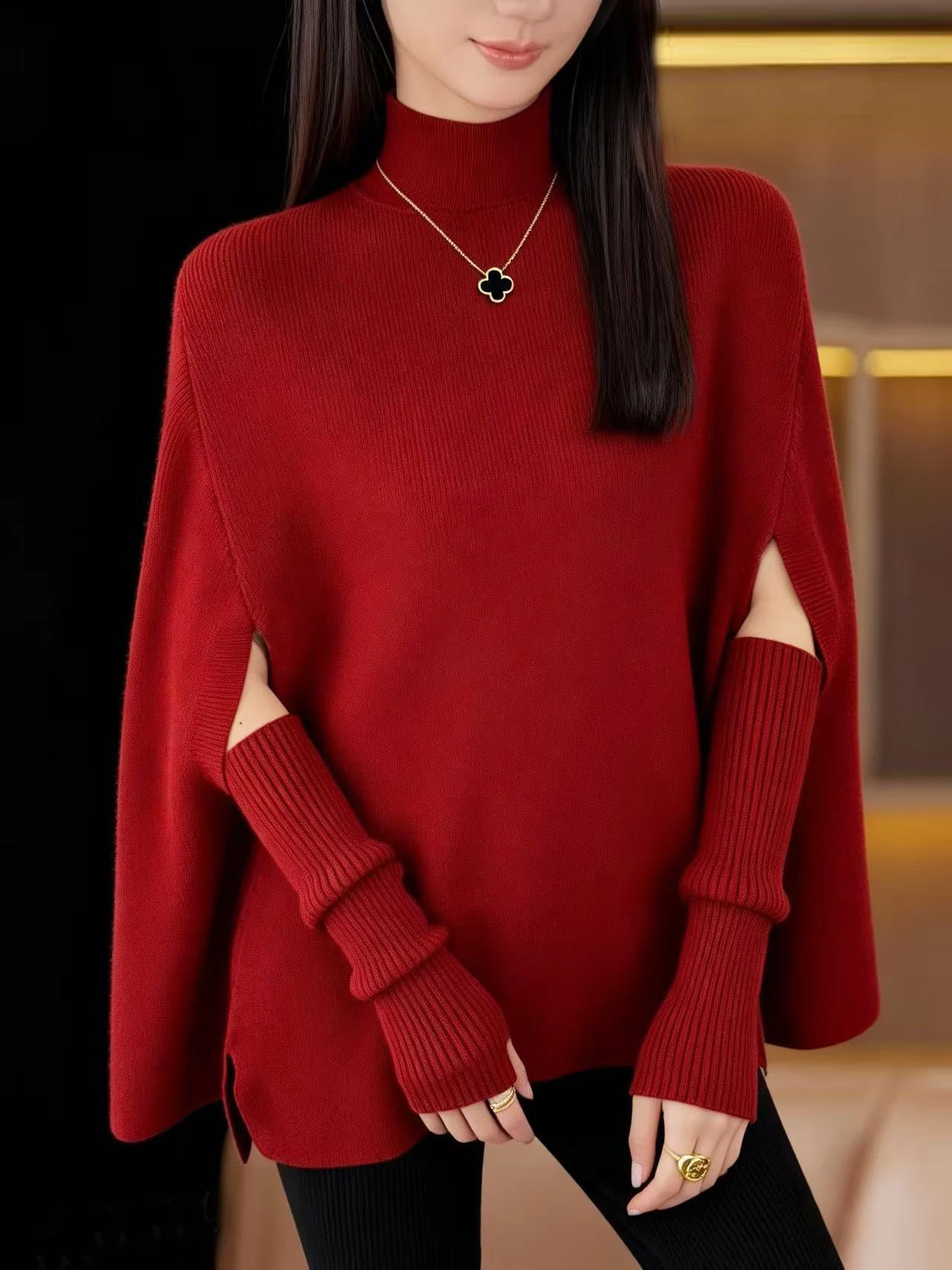 

Красный свитер с высоким воротником для женщин, осенне-зимний, вязаный, свободного кроя, повседневный, комфортный и теплый