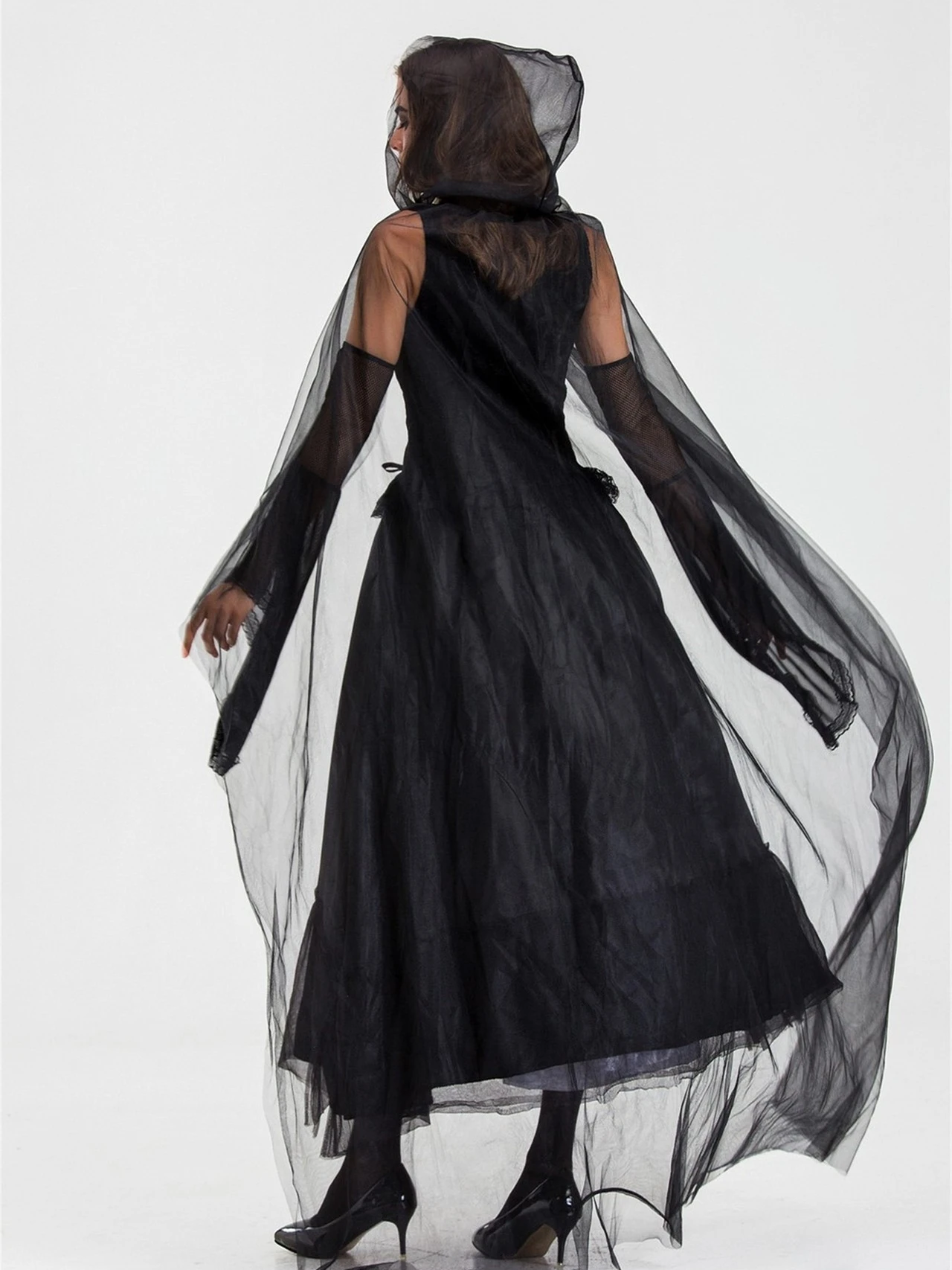 ハロウィン 女性用 コスプレ ダークウィッチ ヴァンパイア 修道女 子供 大人 ブラック チュール ロングドレス ゴシックスタイル ポリエステル素材