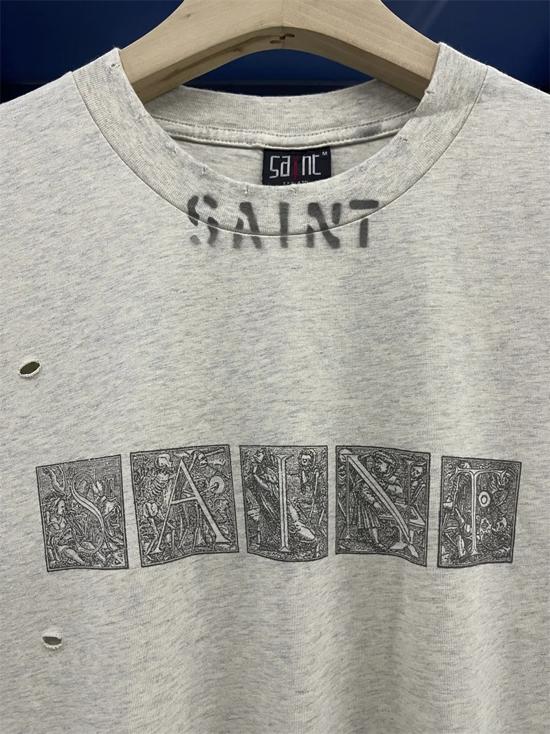 

Graffiti Logo Printing Saint Michael T-Shirts Men Women 1：1 High Quality Pure Cotton Grey Washed T-shirt Top Tees