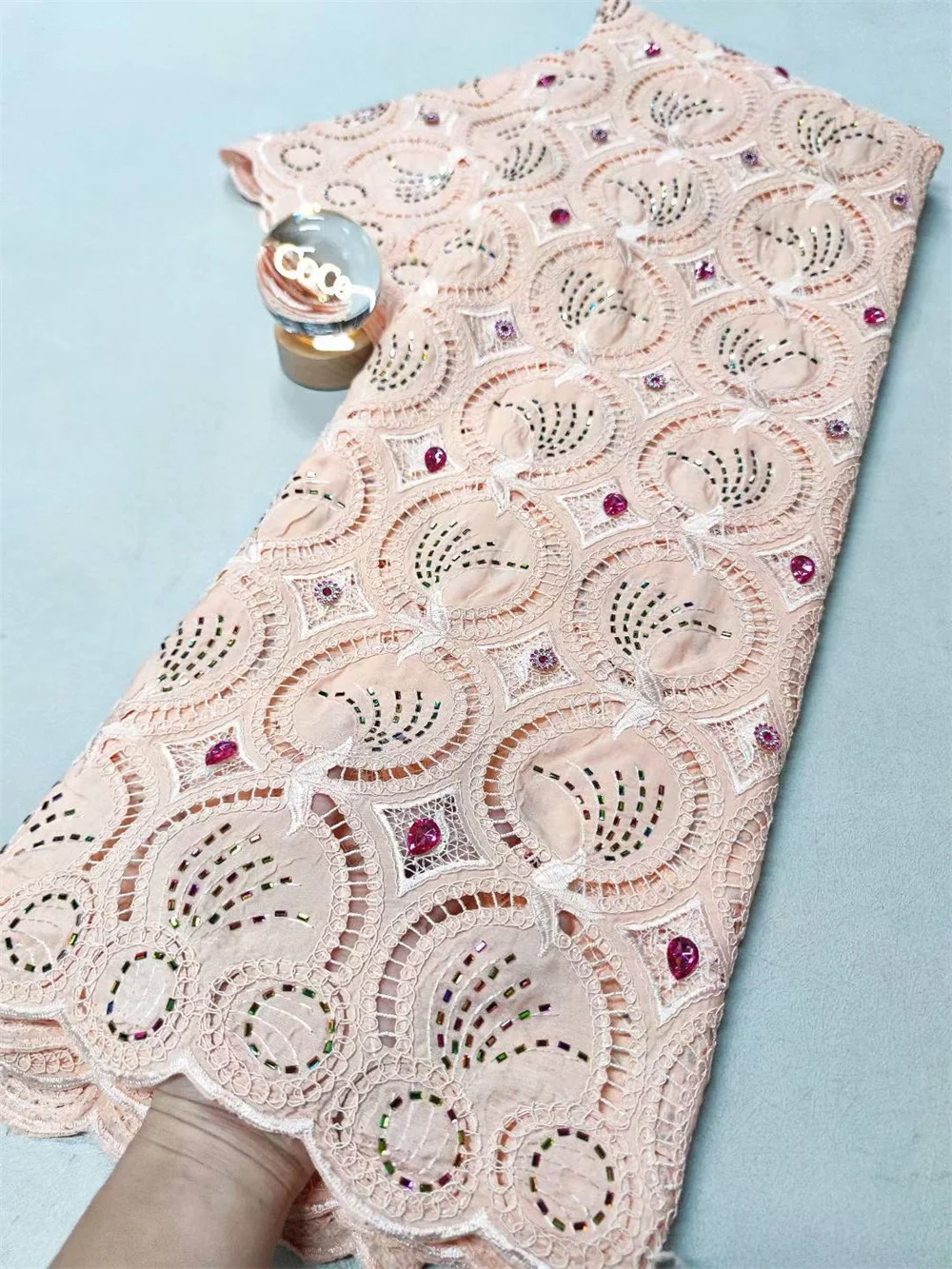 

2025 High-Quality Nigerian Tulle Lace Fabric for Wedding Dress Embroidery Sewing Stones Party Guipure Chiffon 5Yard Peach H123-1