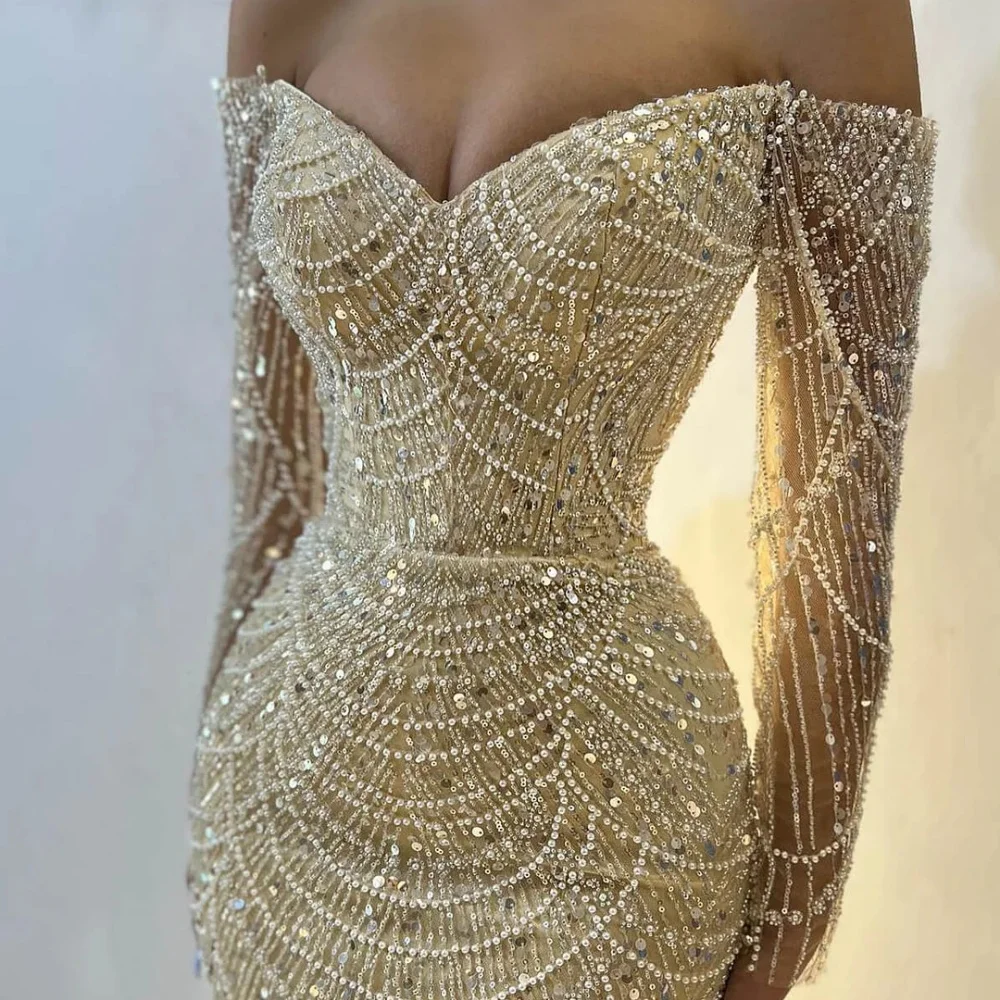 Sansa Elegant A-Line Beading Satin Evening Dress Customized Floor-Length Off Shoulder Wedding Dresses V Neck Vestidos De Fiesta image 3