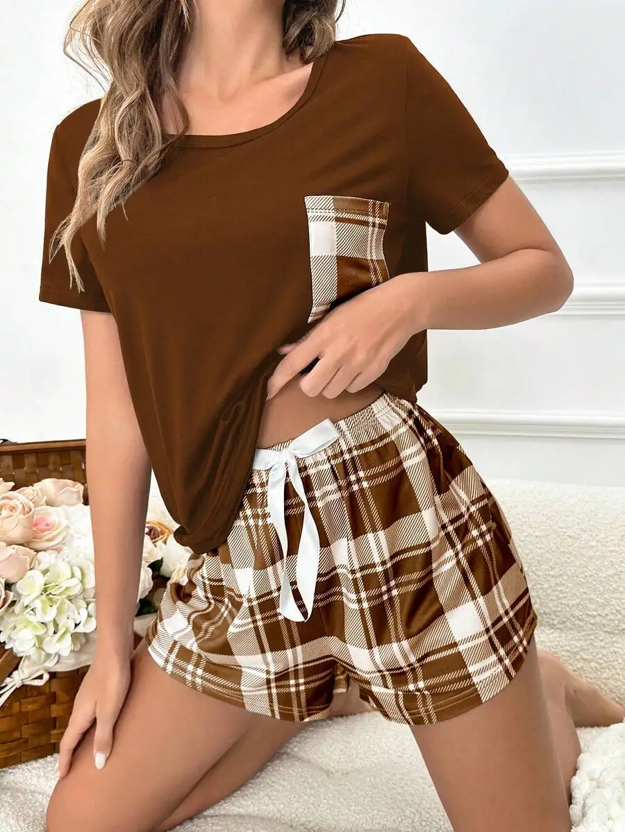 Plaid Print Pocket Patched Pajama Set For Women Sleepwear