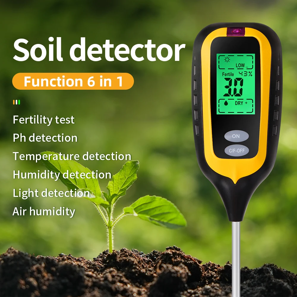 6 in 1 Multifunctional Soil Tester PH Moisture Sunlight Temp Fertility Humidity Meter Soli Analyzer for Gardening Planting