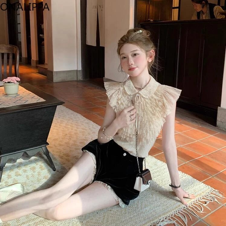 Onalippa Bow Small Lapel Lace Shirt Thousand Layers Palace Style Shirts Hook Flower Peter Pan Collar Sleeveless Womens Tops