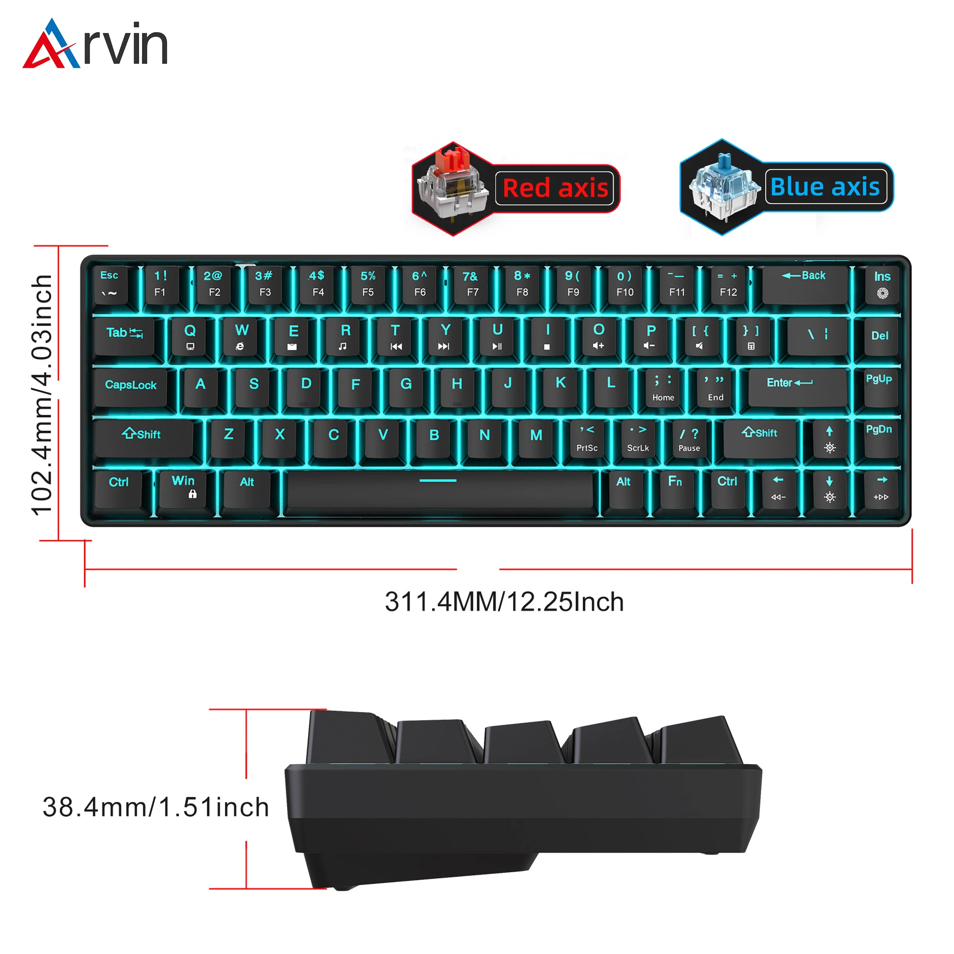 

Arvin Wired Mechanical Keyboard 68 Keys Red Switch Blue Switch Gaming Keyboard Hot-Swappable With Backlighting for PC Laptops