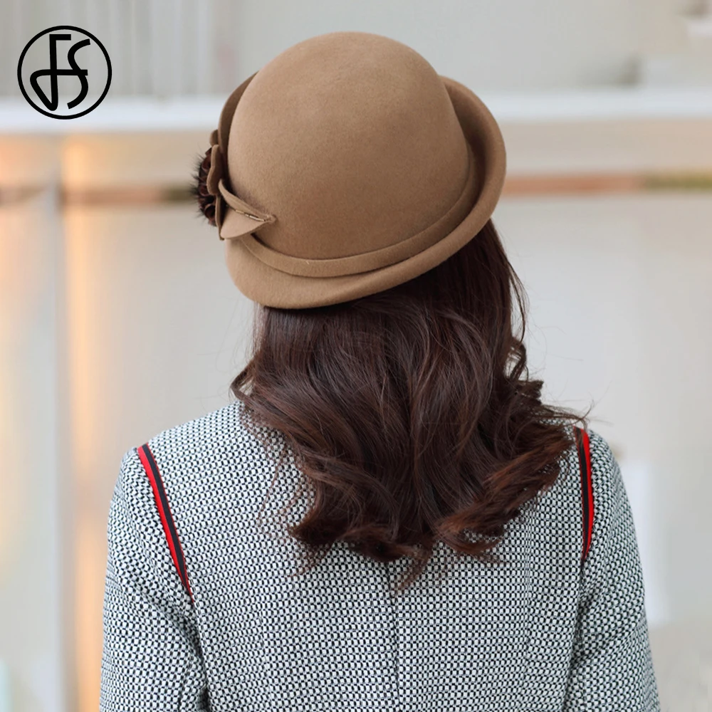 FS 2024 Fashion Camel Beret Ladies 100% Wool Winter Fedoras Vintage Cloche Cap Fascinator Flower Elegant Party Hats For Women