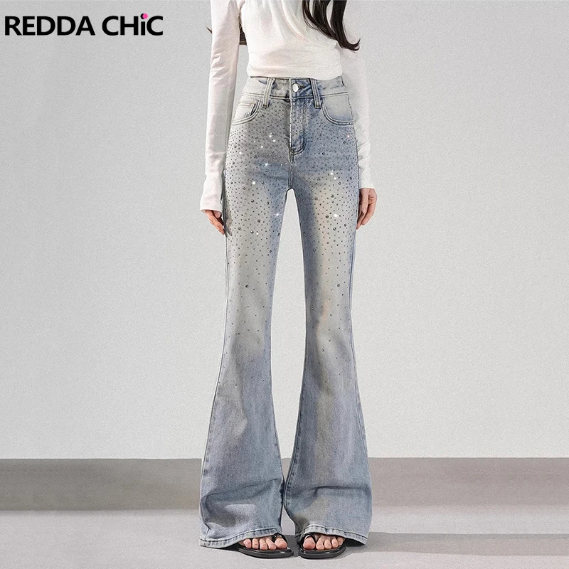 

Модные женские джинсы REDDACHiC со стразами, блестящие, для вечеринок и концертов, винтажные, с эффектом потертости, облегающие, расклешенные, джинсовые брюки в стиле Y2K, уличная мода