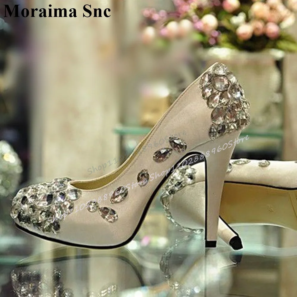 

Luxury White Crystal Decor Wedding Pumps Thin High Heel Shoes For Women Slip On Round Toe 2025 Fashionable Zapatos Para Mujere