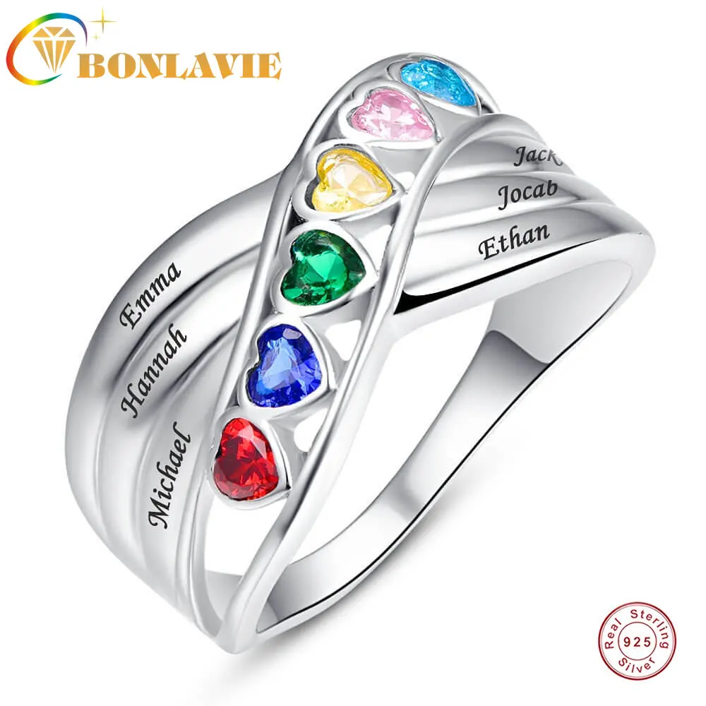 

BONLAVIE 100% 925 Silver Ring Customized Zircon Heart Gem 6 Birthstone 6 Names Text Women's Birthday Wedding Gift Jewelry