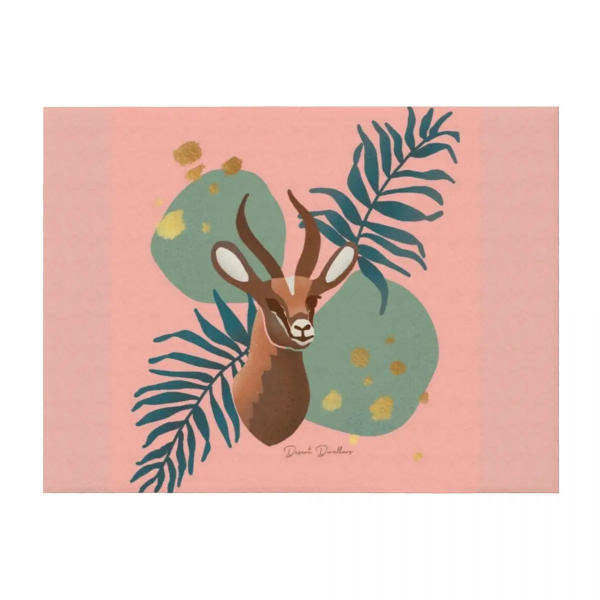 Arabian Gazelle in Teal, Pink and Gold Throw Blanket Sofa Throw Single Bed Blankets