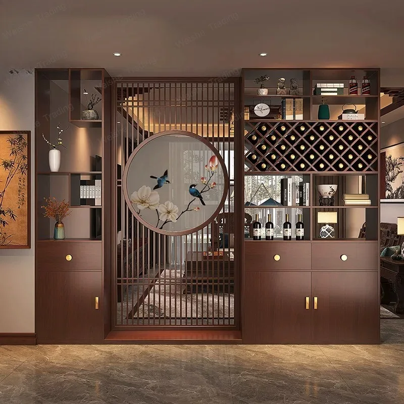 New Chinese partition screen living room entrance entrance solid wood grille locker