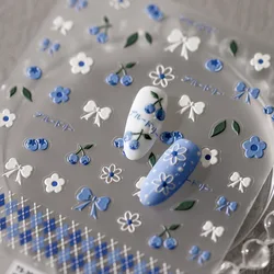 1pcs 5D Blueberries Bow Nail Stickers Japanese Long Ribbon Flower Self Adhesive Nail Art Decoration Stickers Manicure Decals DIY