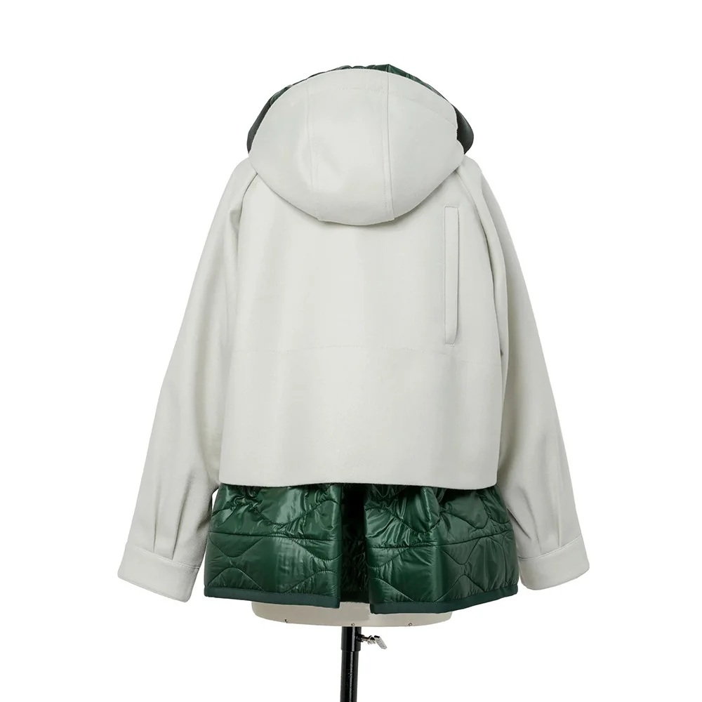2025 Winter Women Hooded Cotton Jacket Fake Two Piece Color Block Thick Coat Large Pockets