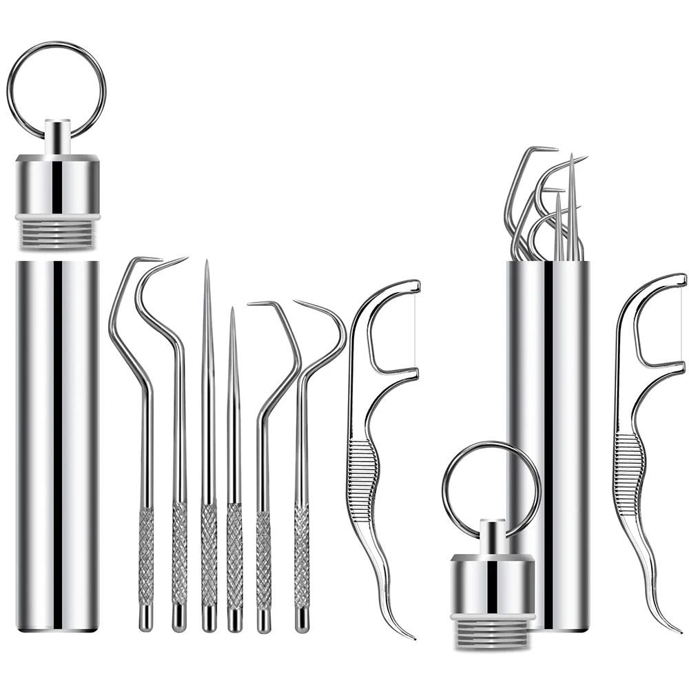 Portable Stainless Steel Toothpicks Pocket Set Reusable Metal Toothpicks Cleaning Kit Dental Floss For Travel Teeth Sticks