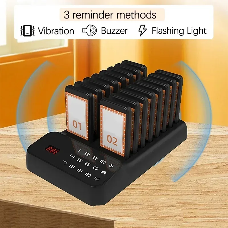 Restaurant Pager Wireless Calling System 16 Vibrator Buzzers Adjustable Keyboard Mode for Fast Food Truck Cafe Bar Service