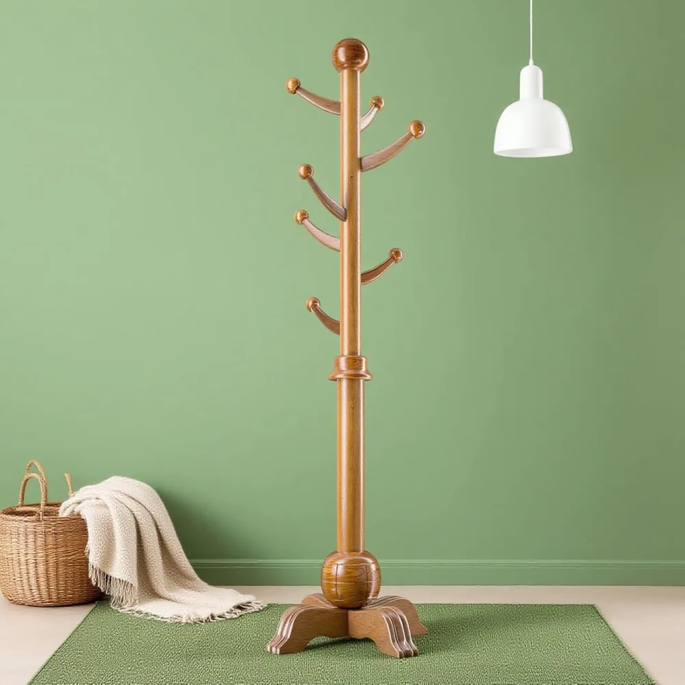 رف شجرة خشبي قائم بذاته بسبعة خطاف مع قاعدة كروية متينة وسعة 210 رطل