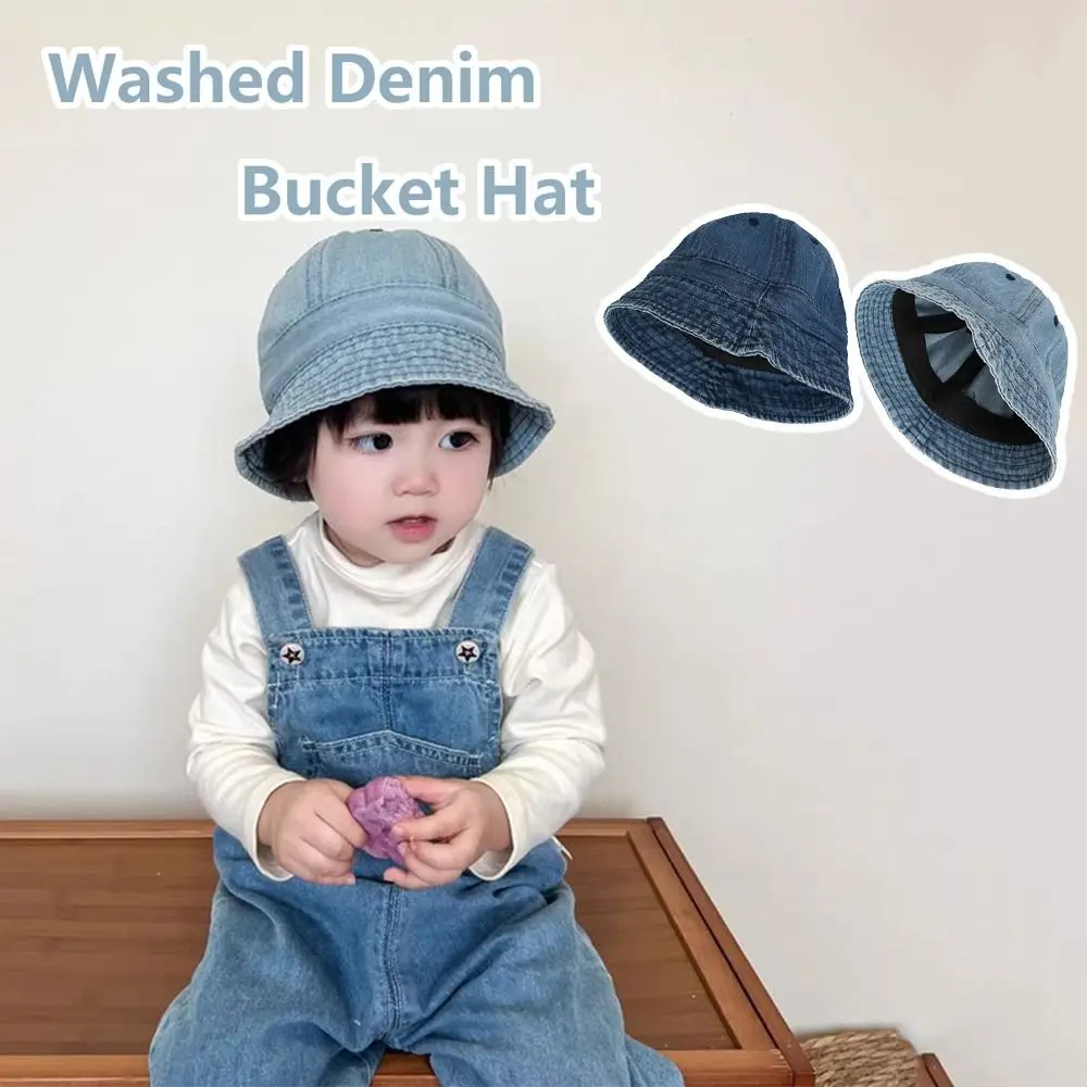 Korean Style Washed Denim Bucket Hat Infant Cap Panama Cap Children Fisherman Cap Headwear Solid Color Baby Sun Hat Girls