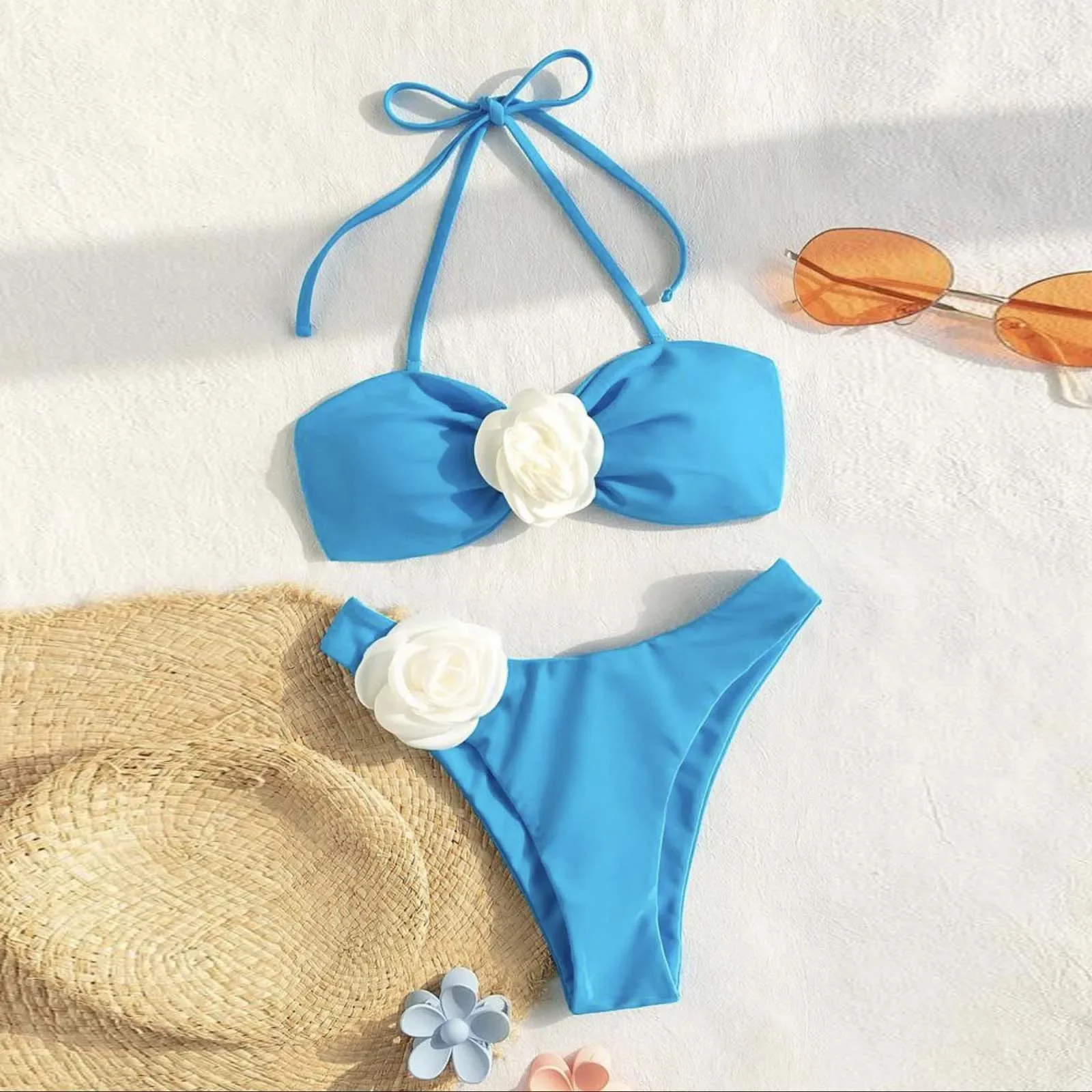 

Push Up Female Swimsuit Thong Brazilian Swimwear Women's Floral Decoration Neck swimwear for women tummy control 2 piece