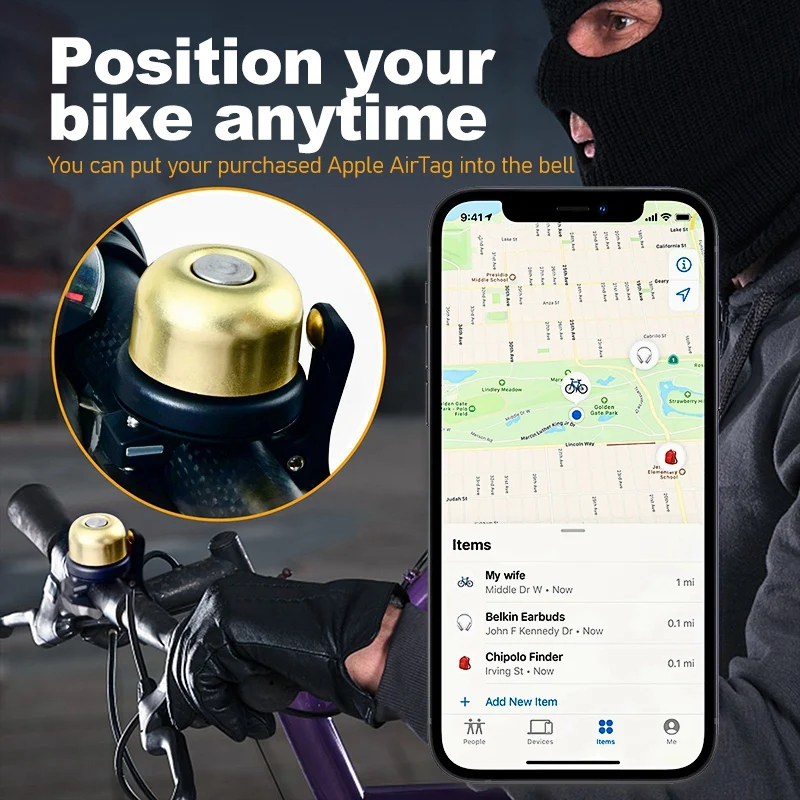 Bicycle Bell For AirTag Bike Mount GPS Tracker Waterproof Brass Holder Hides AirTag Under Bike Bell Anti-Theft Bike Accessories