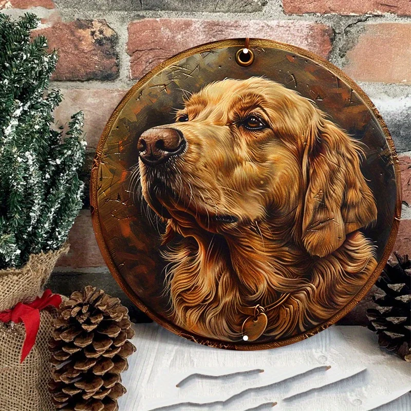 Golden Retriever Round Metal Sign, Aluminum Waterproof Wall Decor with HD Printing, Copper Alloy Dog Image, Door Hanger, 8x8Inch