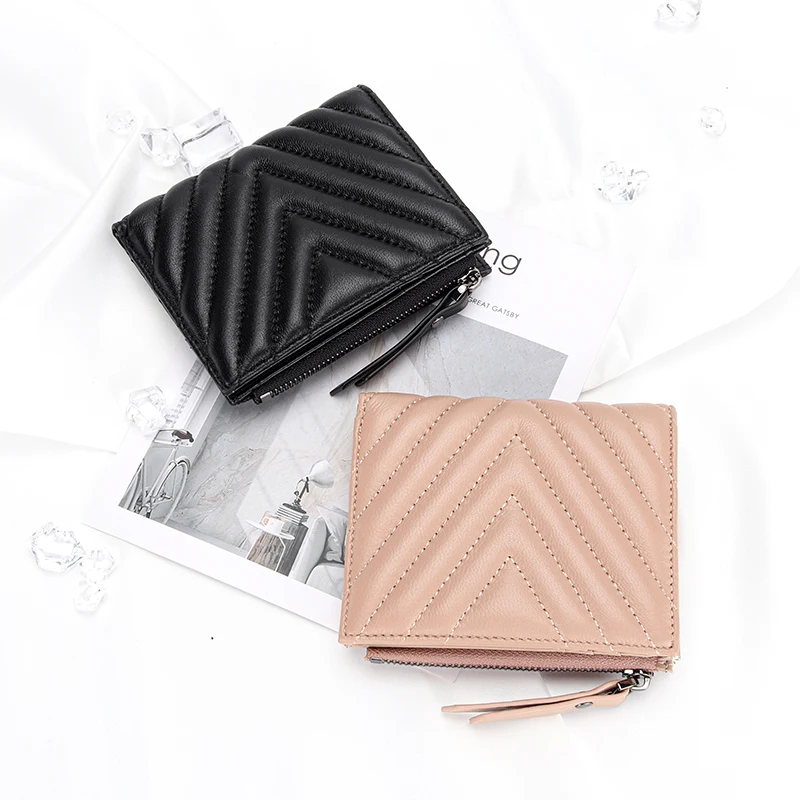 Leather Short Wallets Women's Sheepskin Ultra-thin Wallet Vertical Multi Clip Small Women Coins Purse Slimwallet  Card Wallet