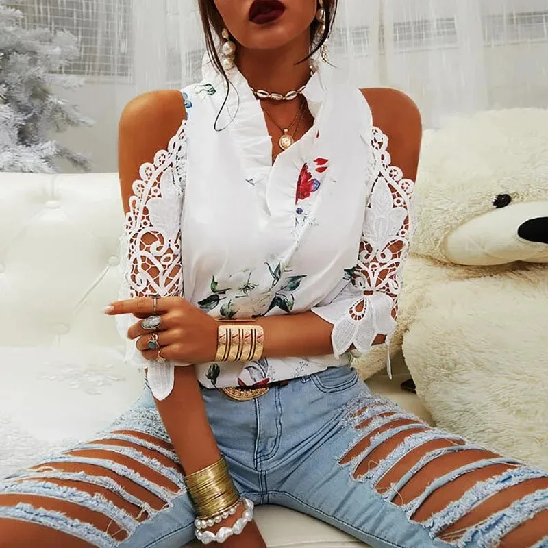 Fashion Summer Elegant Women Blouse Hollow Out Printed Sexy V-Neck Short Sleeve Lace Shirts Female Strapless Blouses Tops 19361