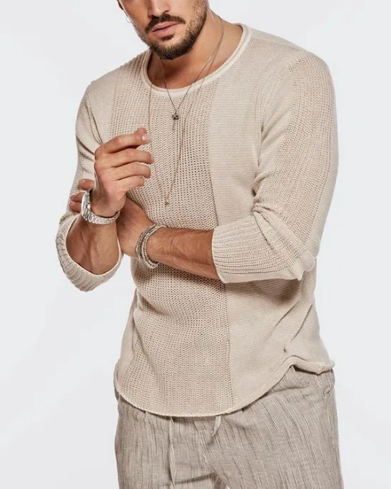 

Autumn And Winter New Men's Long-sleeved Crew Neck Hollow Knitted Top Casual Sweater Splicing Sweater