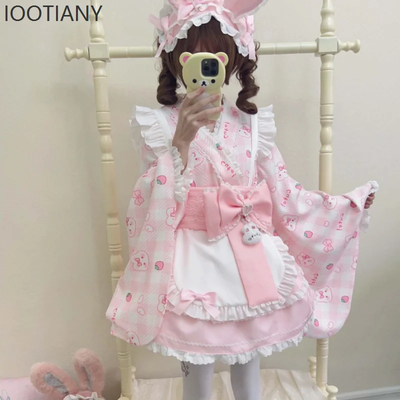 

Japanese Anime Pink Kawaii Lolita Dress Female Sweet Cute Rabbit Strawberry Print Bow Princess Party Dress Lolita Maid Set 2025