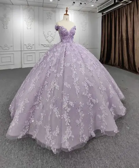 Lila Lavendel Prinses Quinceanera Jurken 3D Bloemen Applique Lace-Up Corset Puffy Rok Prom Zoete 15 Vestidos De 15 quinceañe