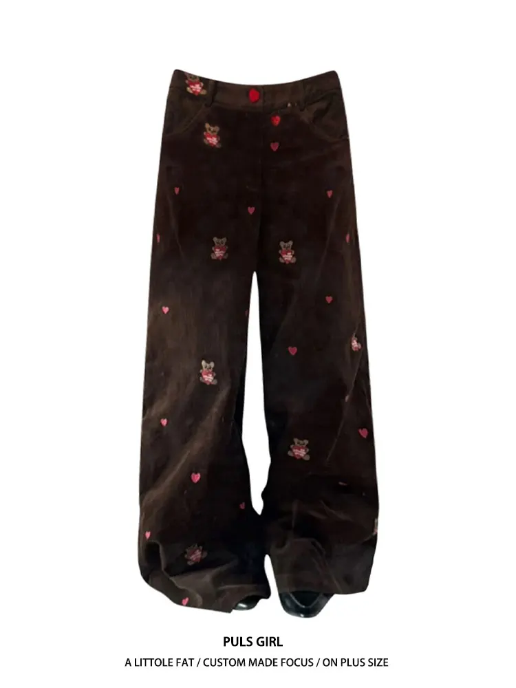 

Retro Oversized Embroidered Heart Bear Corduroy Pants Women's Casual Wide Leg Long Trousers Spring Season High Waist