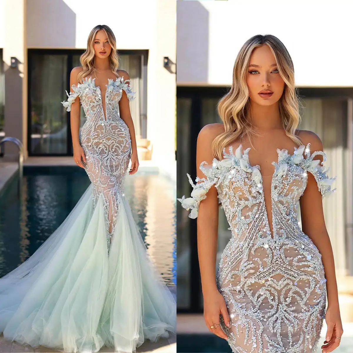 

Gorgeous Evening Dresses Sequins Beaded Prom Gown Off Shoulder Illusion Party Dress Custom Made Vestidos de noche