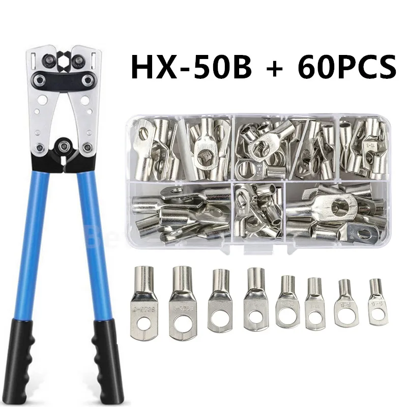 60PCS SC Terminals HX-50B Battery cable lug crimping tool wire crimper hand ratchet terminal crimp pliers for 6-50mm2 1-10AWG