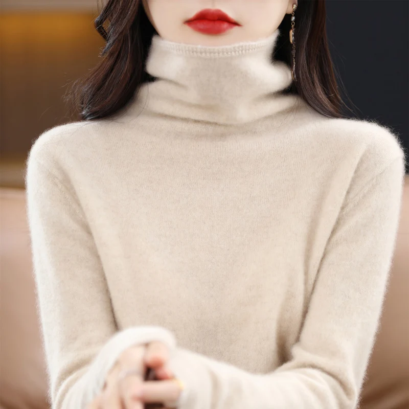 100% Pure Wool Cashmere Sweater 2023Fall/Winter Pile Collar Pullover Korean Fashion Casual Knitted Tops Women Jacket Long Sleeve