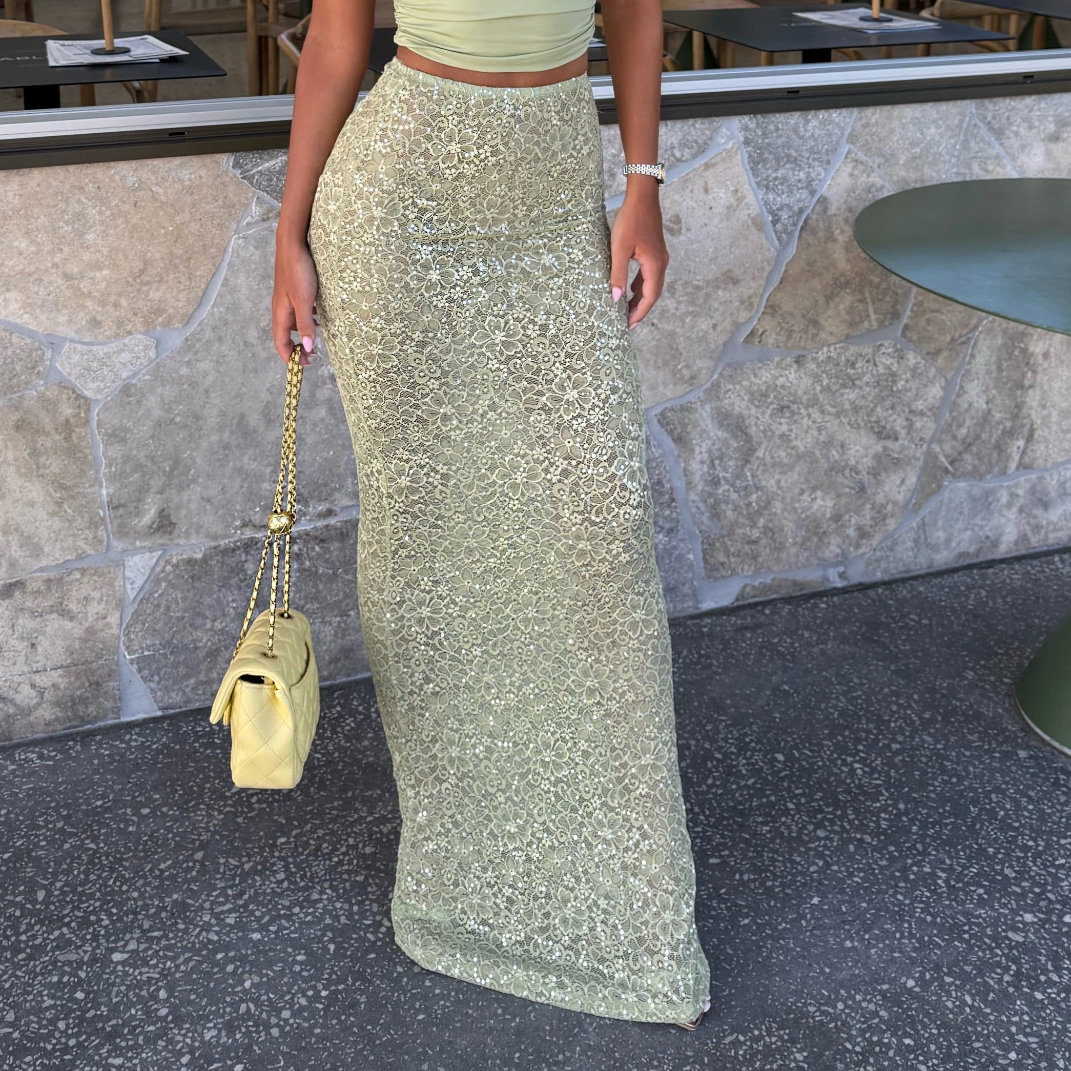 Elegant Long Sheer Skirt for Women Slim Fit Lace Floral See-through Beach Travel Shopping Transparent Skirt