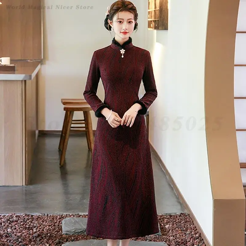 

Traditional Chinese Dress Qipao Oriental Costume Autumn Winter Vintage Lady Long Cheongsam Elegant Chinese Style Vestidos 5XL