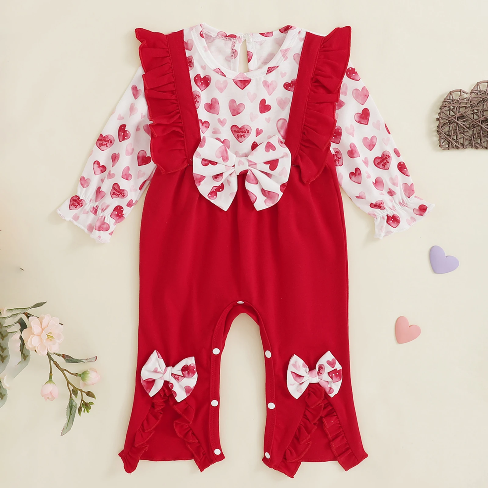 

Infant Valentine s Day with Heart Print Bows and Ruffled Trim - Adorable Crew Neck Long Sleeve Romper for Newborn Baby
