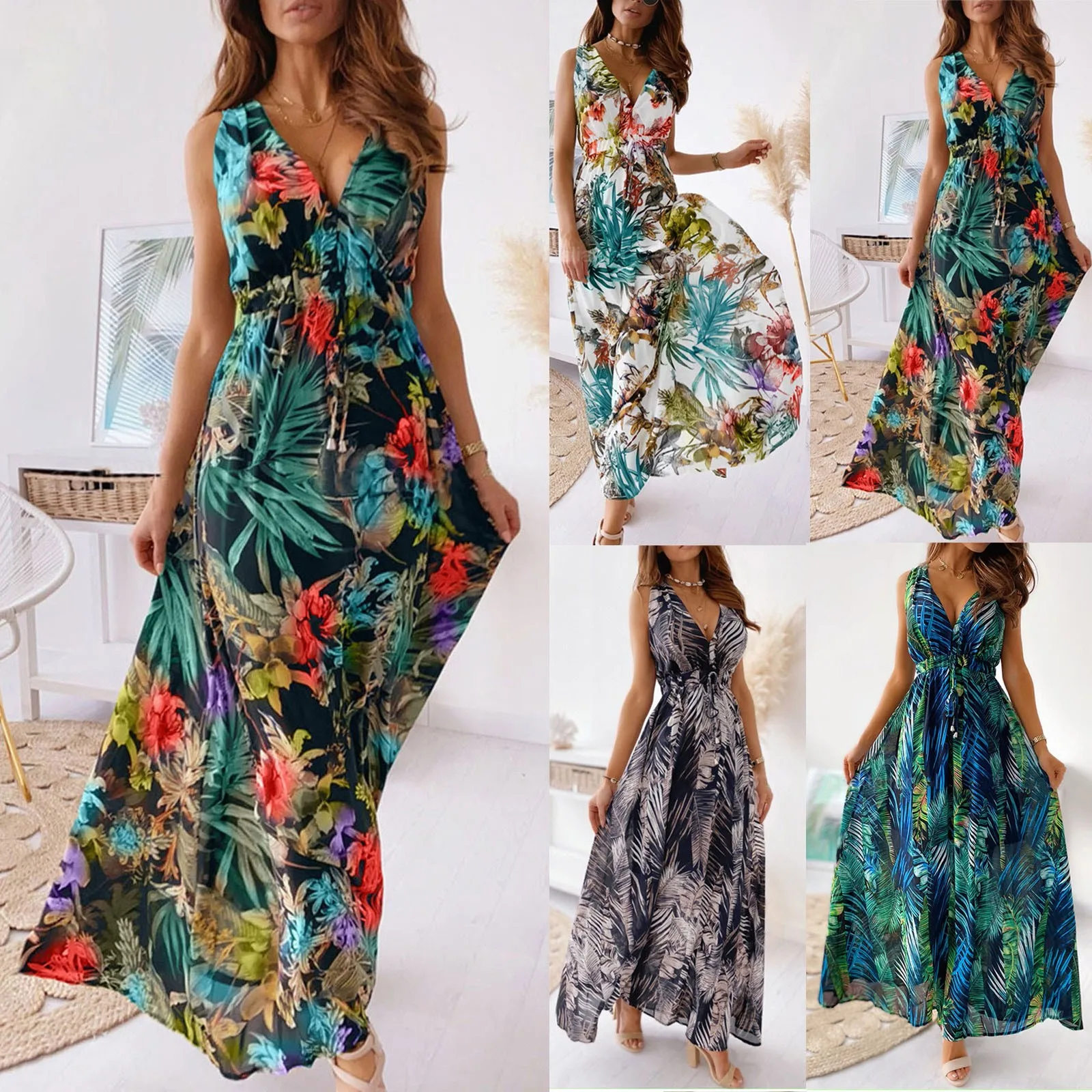 Women's Summer Casual Print Bandage Elastic Waist V-Neck Sleeveless Pullover Dress vestidos de verano mujer Elegant dresses